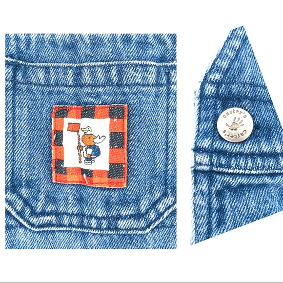 VINTAGE 90s Overalls Pants Jeans Denim Blue Red Fleece Jumper Romper Outfit Snap - Picture 3 of 4